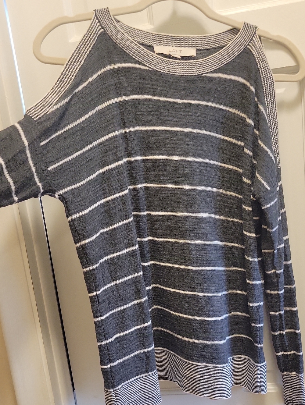 LOFT Gray and White Striped Cold-Shoulder Sweater